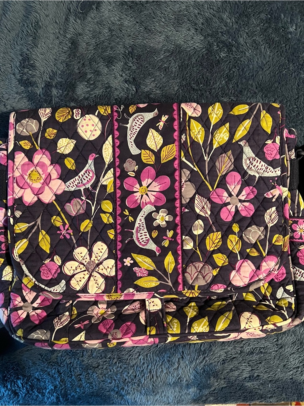 VERA BRADLEY Messenger Bag, Notebook, Florence Nightingale Purple w Birds